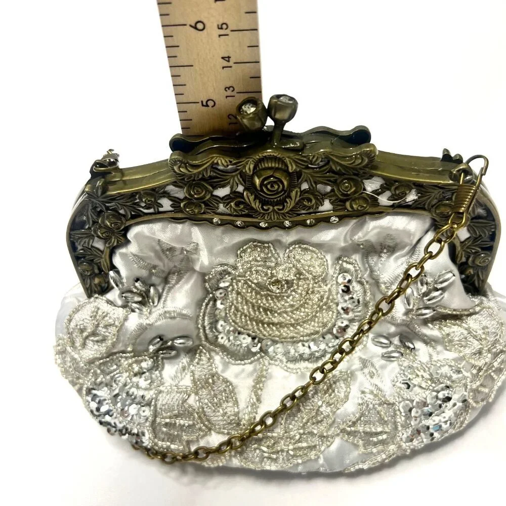 Vintage Style Purse White Satin Embroidered Small Purse With Brass Frame & Chain